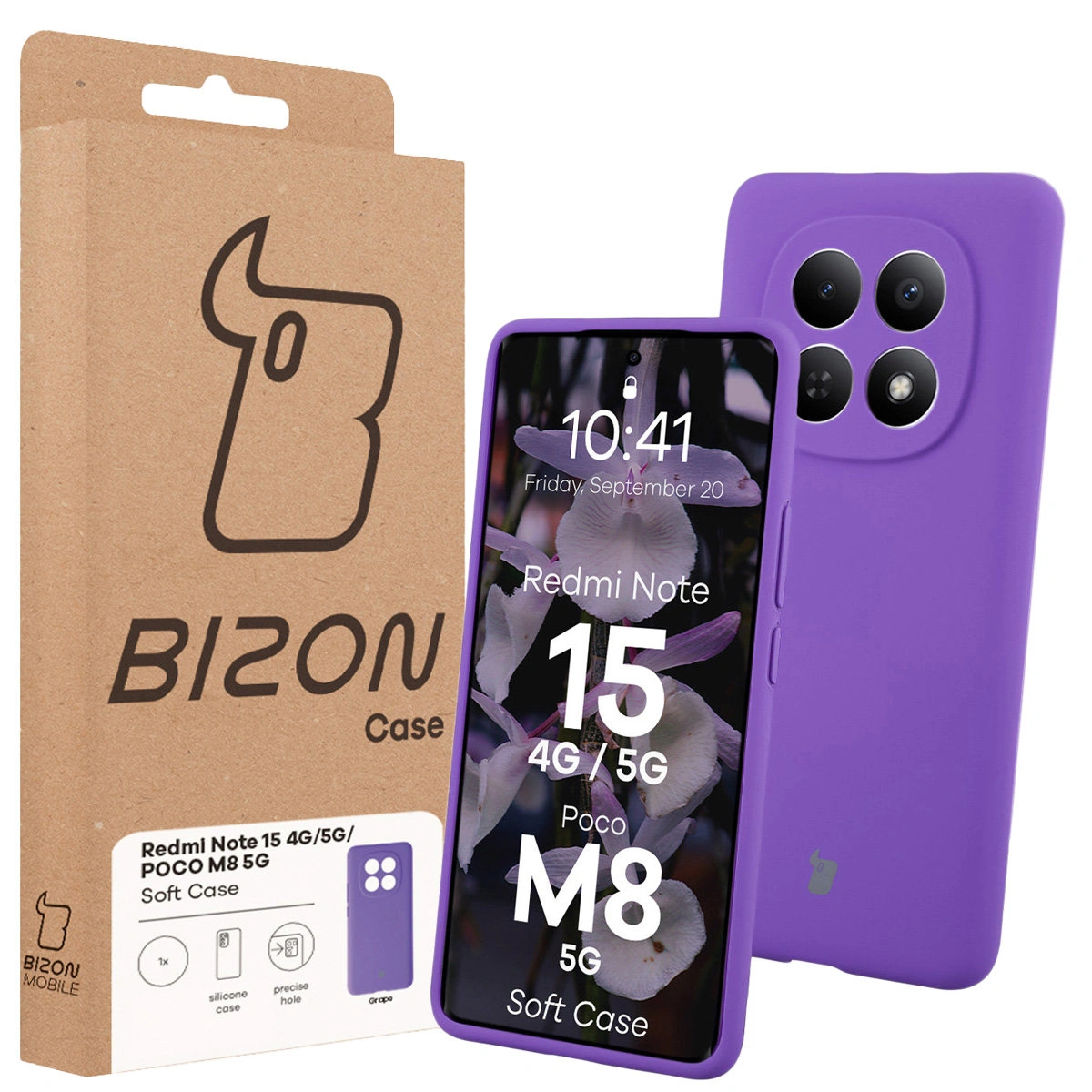 Przód pudełka Bizon Case z dedykowaną etykietą do Xiaomi Redmi Note 15 / Xiaomi POCO M8 5G