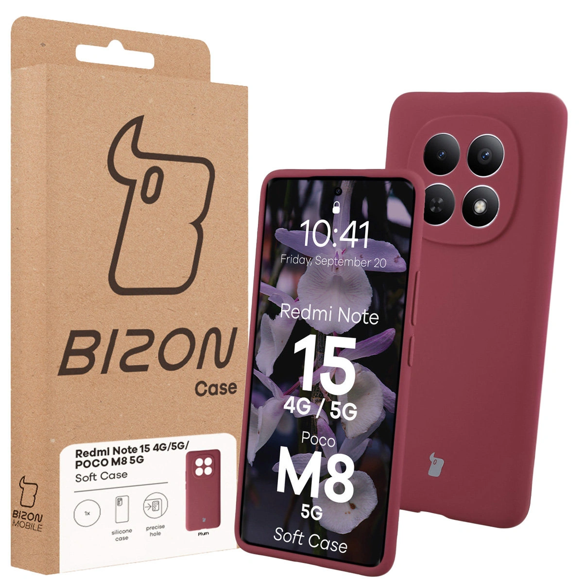 Przód pudełka Bizon Case z dedykowaną etykietą do Xiaomi Redmi Note 15 / Xiaomi POCO M8 5G