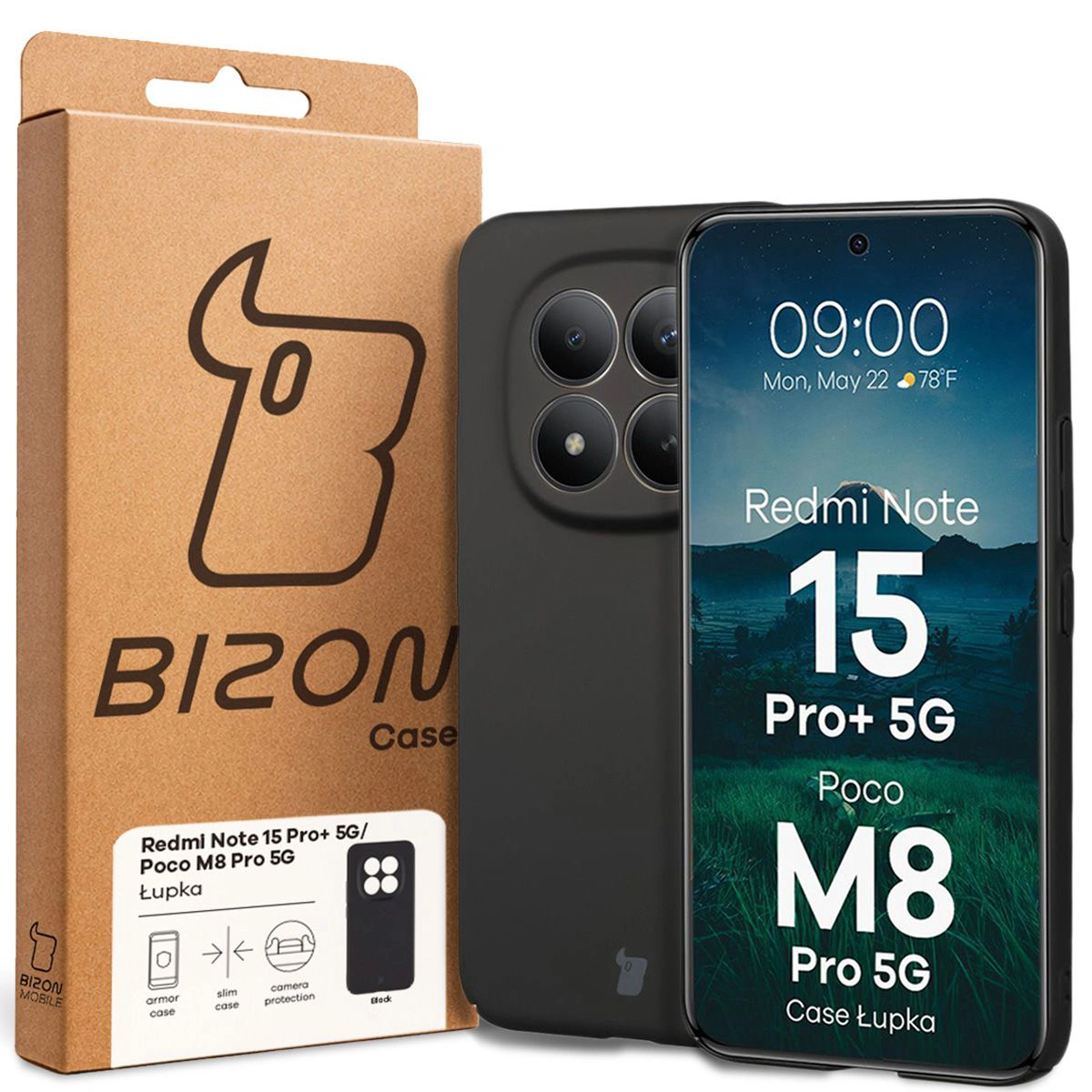 Przód pudełka Bizon Case z dedykowaną etykietą do Xiaomi Redmi Note 15 Pro Plus 5G / POCO M8 Pro 5G