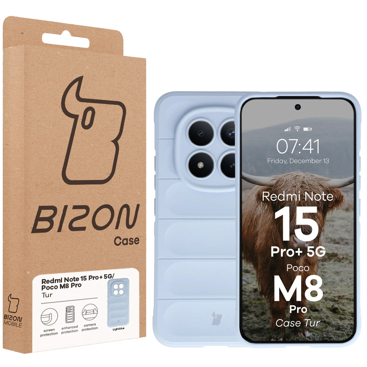 Przód pudełka Bizon Case z dedykowaną etykietą do Xiaomi Redmi Note 15 Pro Plus 5G / POCO M8 Pro 5G
