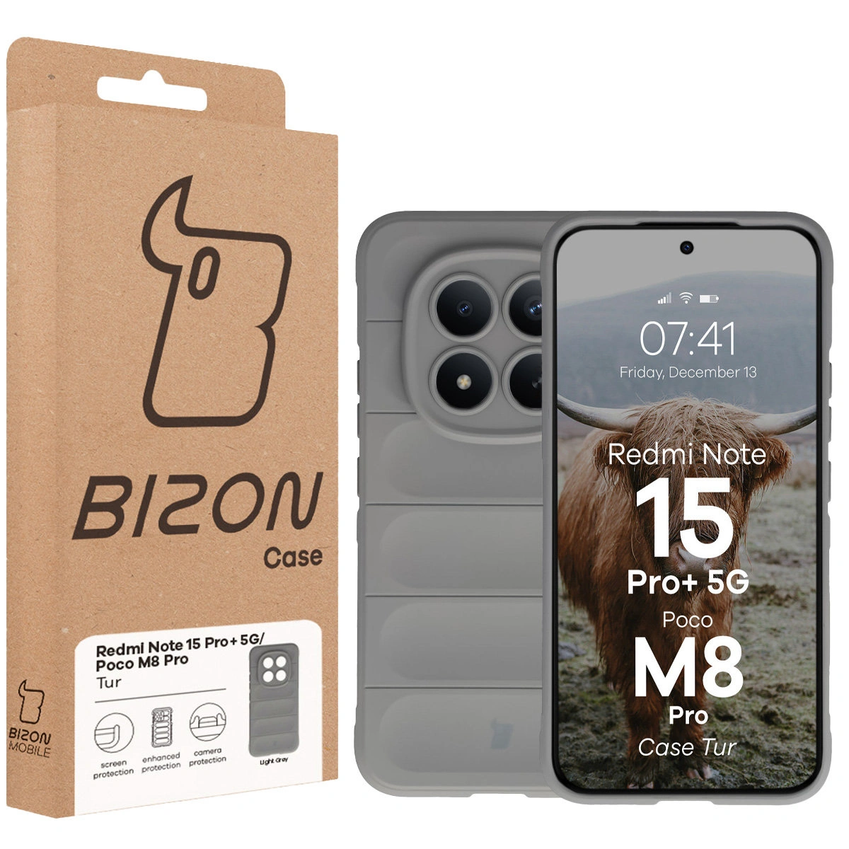 Przód pudełka Bizon Case z dedykowaną etykietą do Xiaomi Redmi Note 15 Pro Plus 5G / POCO M8 Pro 5G