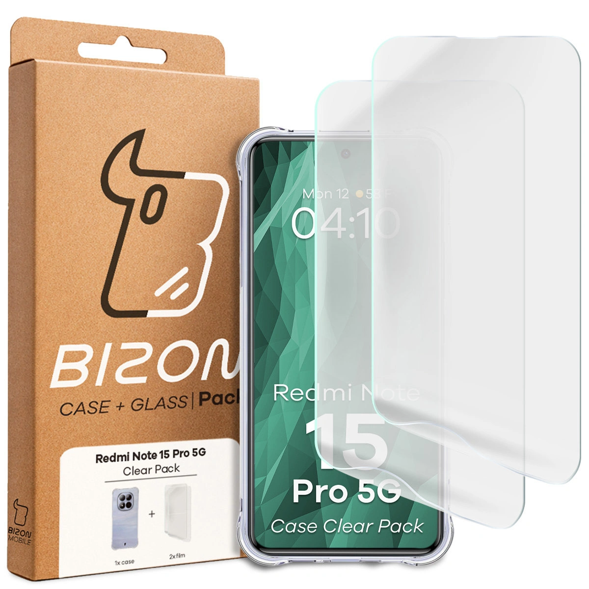 Przód pudełka Bizon Case+Glass z dedykowaną etykietą do Xiaomi Redmi Note 15 Pro 5G