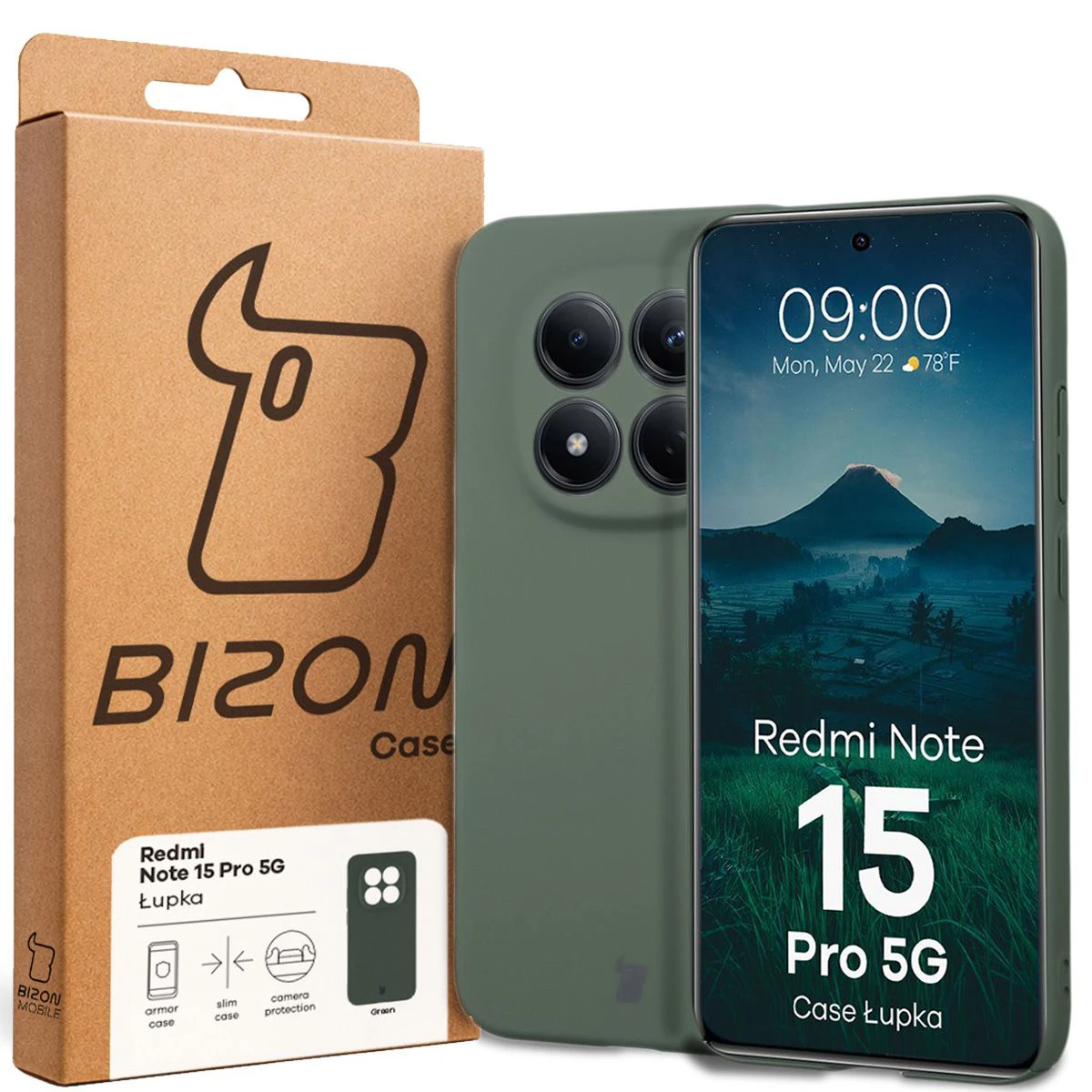 Przód pudełka Bizon Case z dedykowaną etykietą do Xiaomi Redmi Note 15 Pro 5G