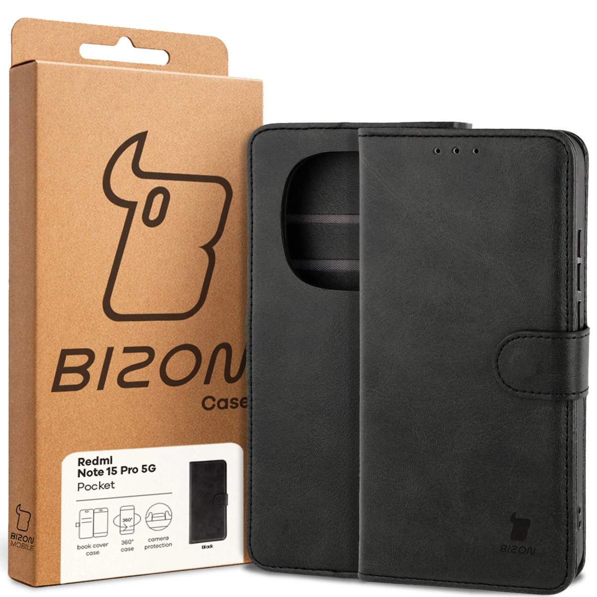 Przód pudełka Bizon Case z dedykowaną etykietą do Xiaomi Redmi Note 15 Pro 5G