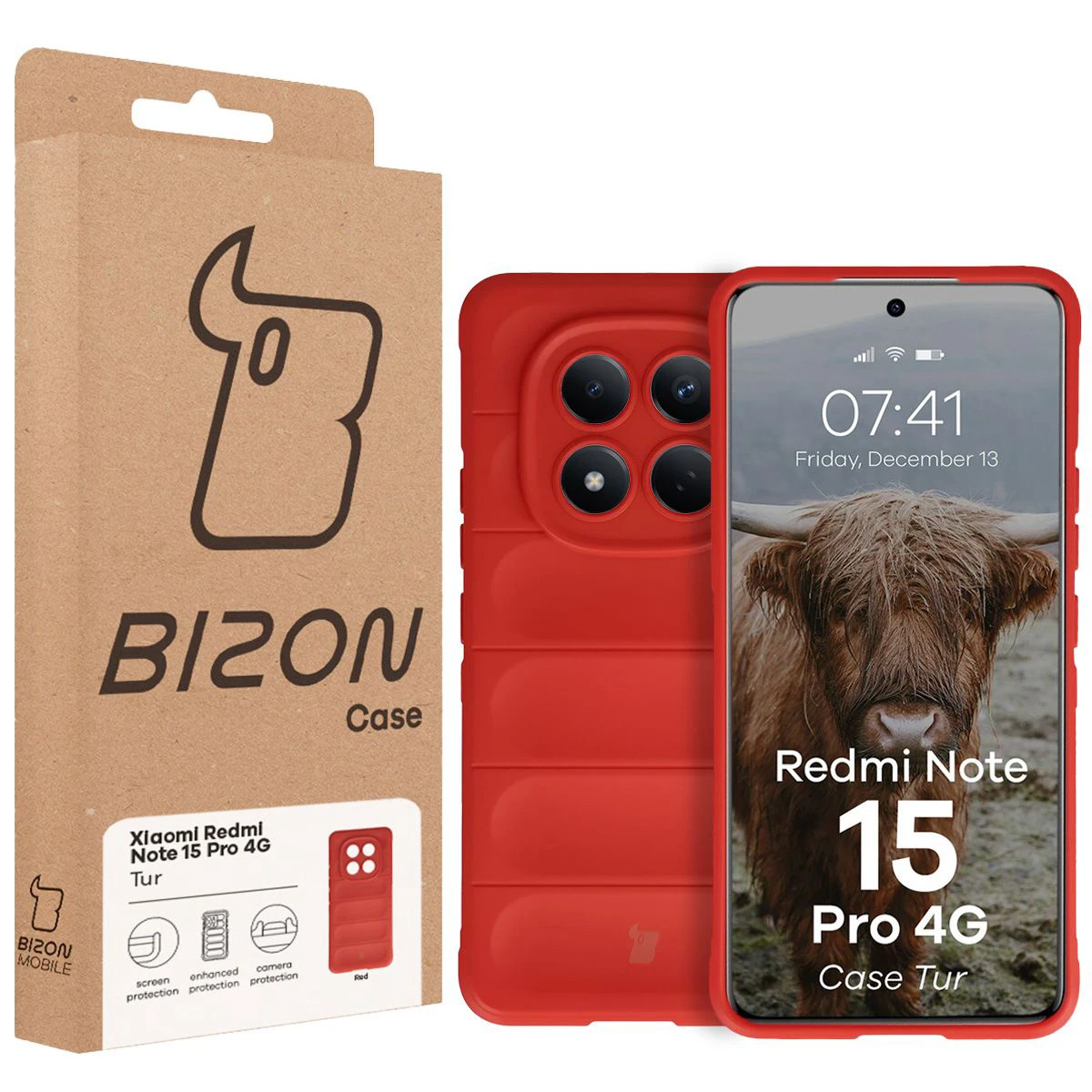 Przód pudełka Bizon Case z dedykowaną etykietą do Xiaomi Redmi Note 15 Pro 4G