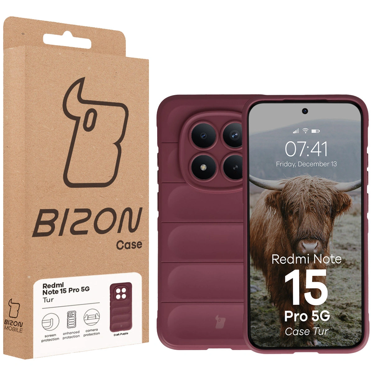 Przód pudełka Bizon Case z dedykowaną etykietą do Xiaomi Redmi Note 15 Pro 5G