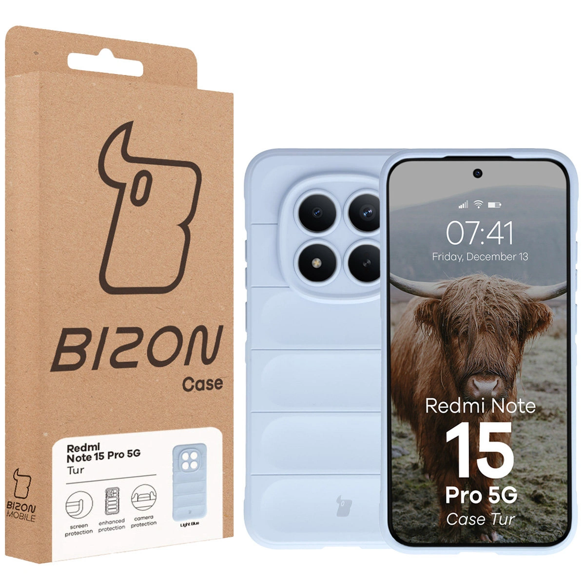 Przód pudełka Bizon Case z dedykowaną etykietą do Xiaomi Redmi Note 15 Pro 5G