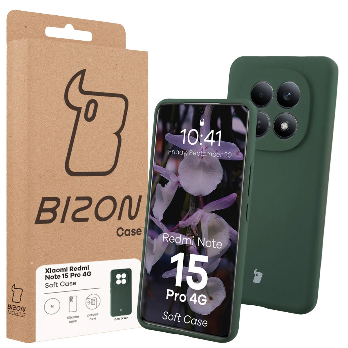 Przód pudełka Bizon Case z dedykowaną etykietą do Xiaomi Redmi Note 15 Pro 4G