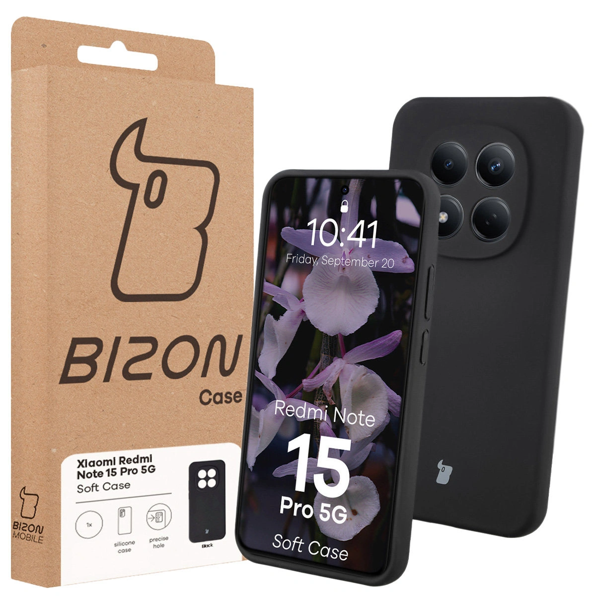 Przód pudełka Bizon Case z dedykowaną etykietą do Xiaomi Redmi Note 15 Pro 5G
