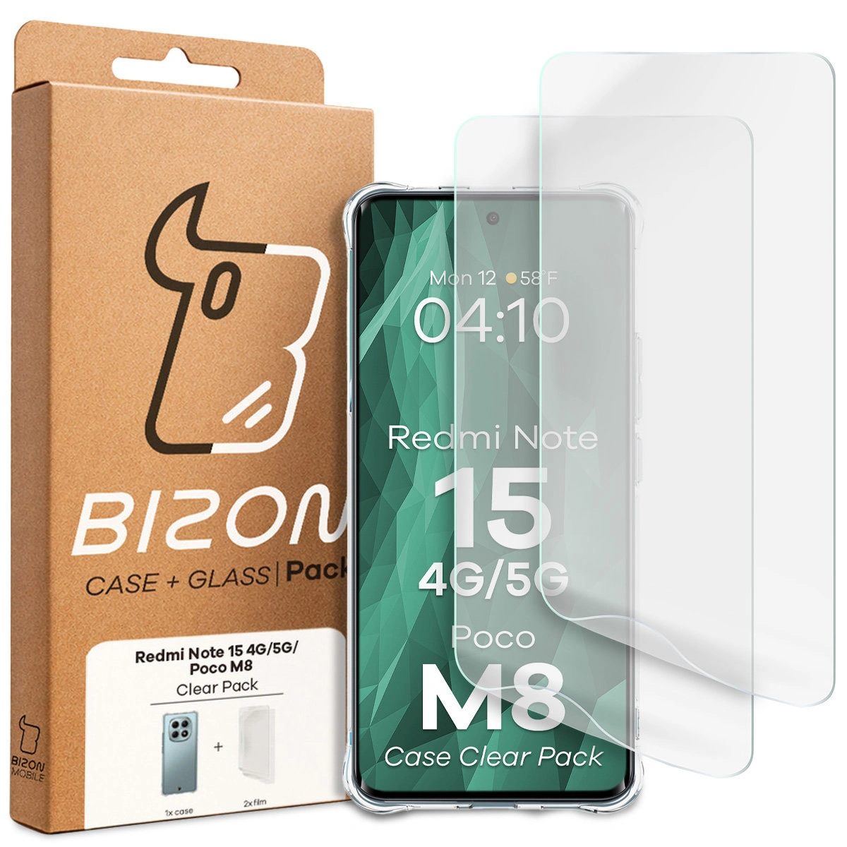Przód pudełka Bizon Case+Glass z dedykowaną etykietą do Redmi Note 15 / POCO M8 5G