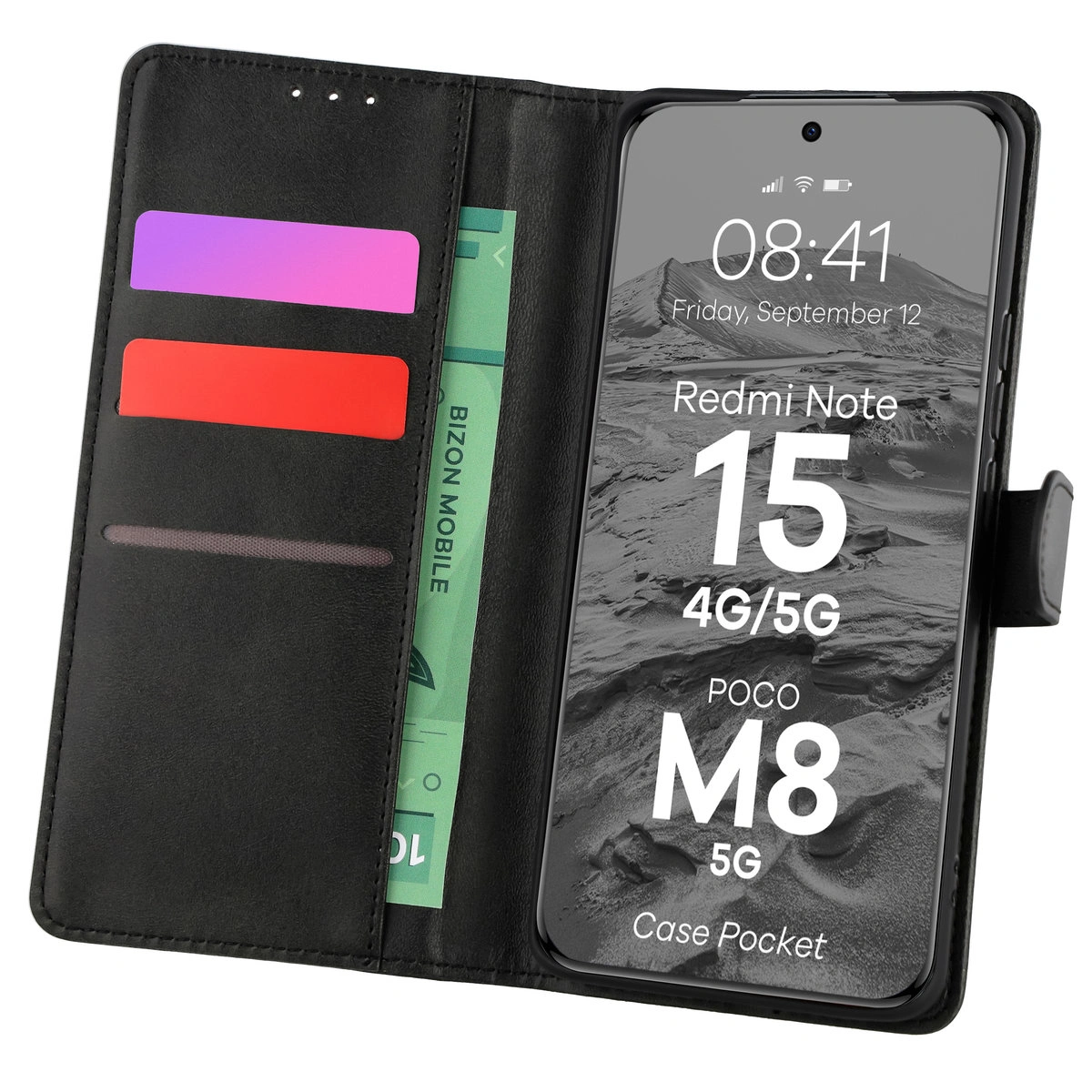 Etui z klapką z miejscem na karty Bizon Case Pocket do Xiaomi Redmi Note 15 / Xiaomi POCO M8 5G