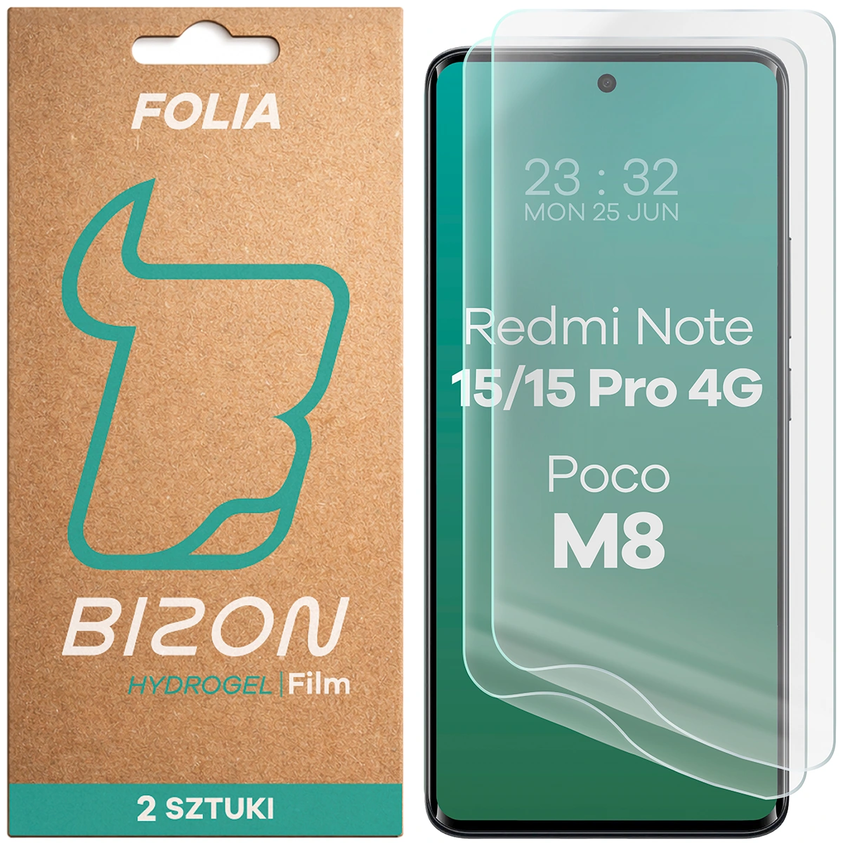 Pudełko i folia hydrożelowa na ekran Bizon Film Hydrogel Front Duo do Xiaomi Redmi Note 15 4G / Xiaomi Redmi Note 15 5G / Xiaomi Redmi Note 15 Pro 4G / Xiaomi Poco M8 5G