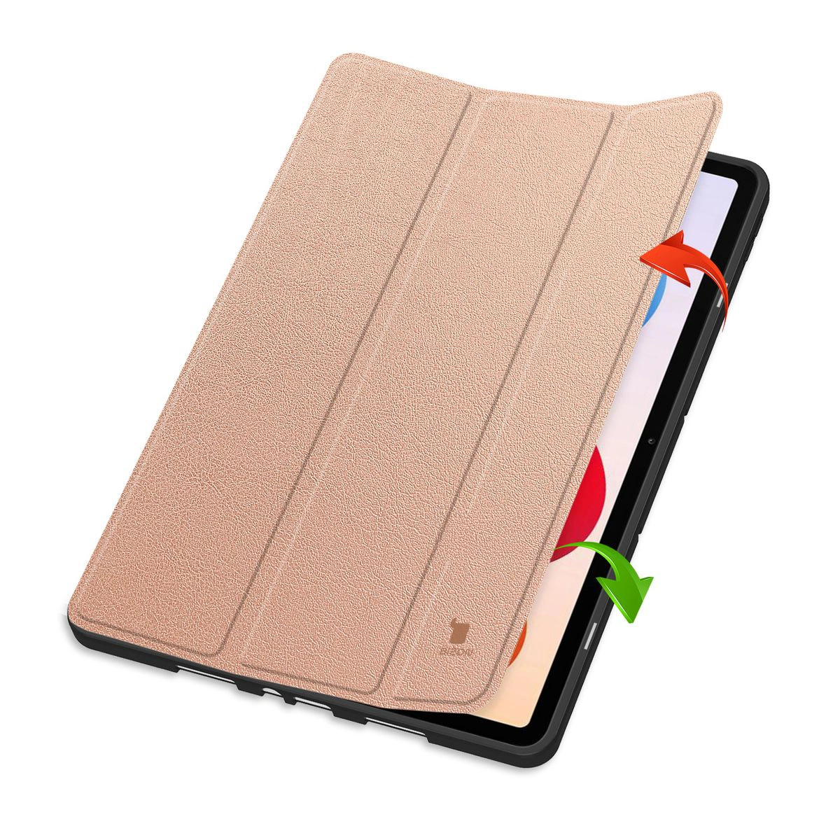Dwa etui stojące na podwyższeniach, ukazujące funkcję zmiany w podstawkę do Xiaomi Redmi Pad 2 Pro