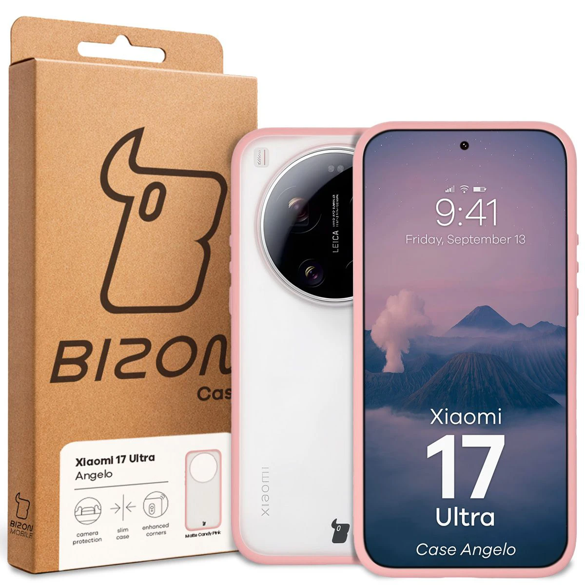 Przód pudełka Bizon Case z dedykowaną etykietą do Xiaomi 17 Ultra