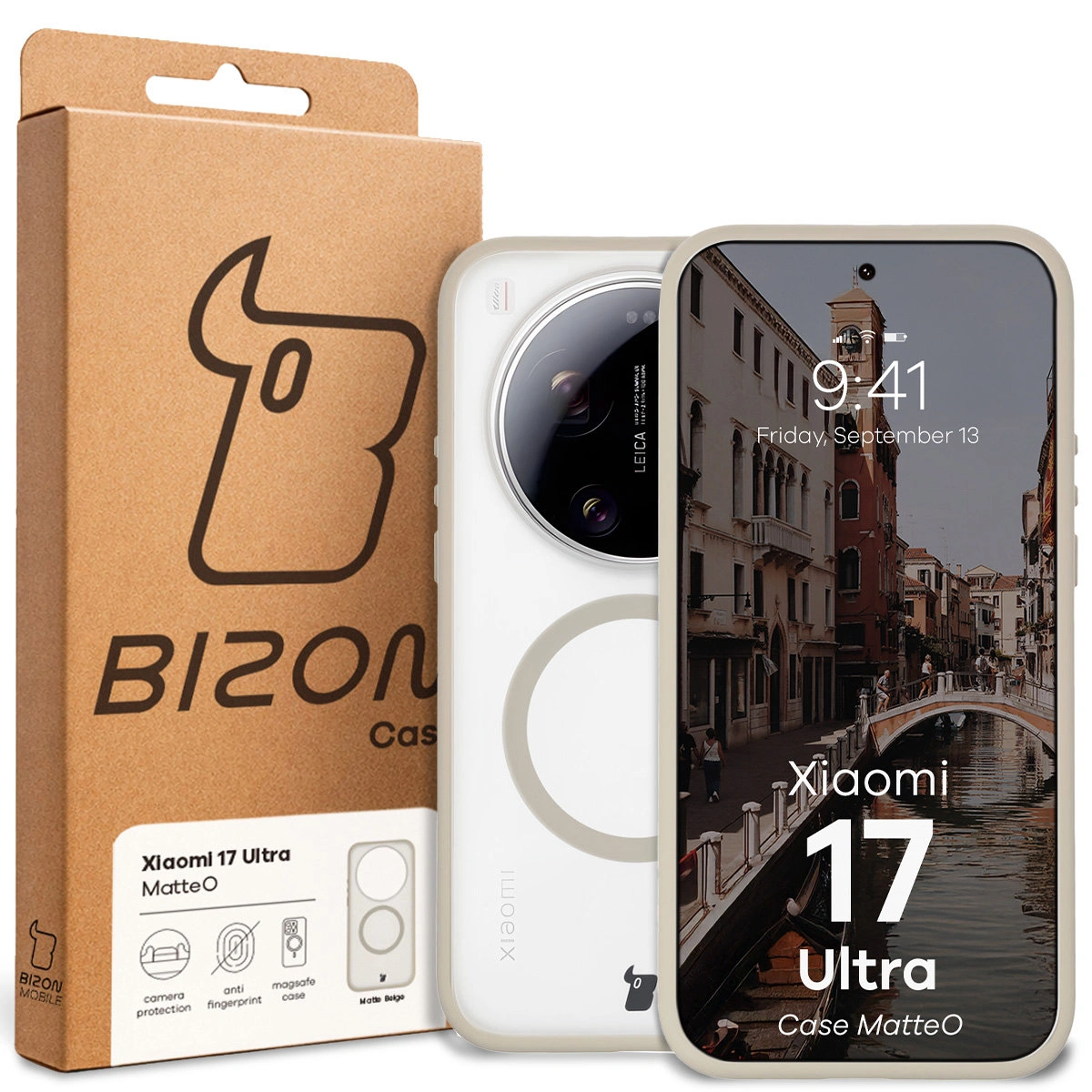 Przód pudełka Bizon Case z dedykowaną etykietą do Xiaomi 17 Ultra