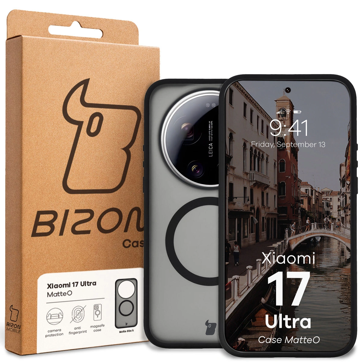 Przód pudełka Bizon Case z dedykowaną etykietą do Xiaomi 17 Ultra