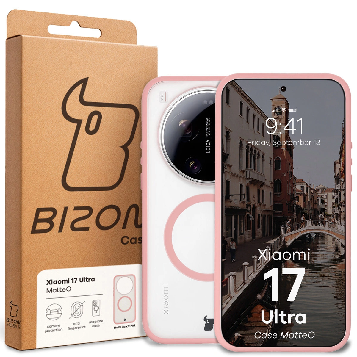 Przód pudełka Bizon Case z dedykowaną etykietą do Xiaomi 17 Ultra