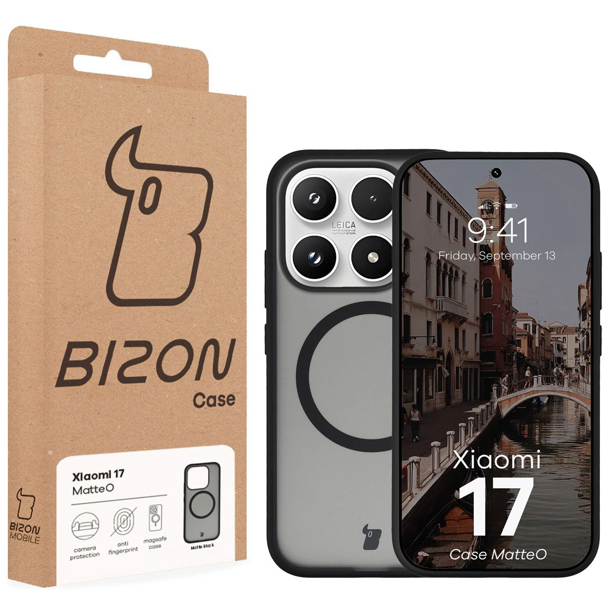 Przód pudełka Bizon Case z dedykowaną etykietą do Xiaomi 17