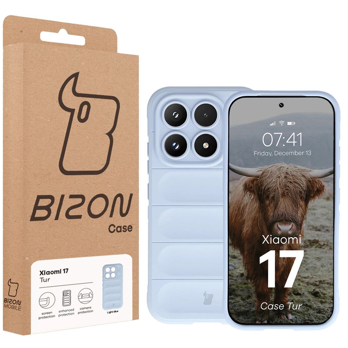 Przód pudełka Bizon Case z dedykowaną etykietą do Xiaomi 17