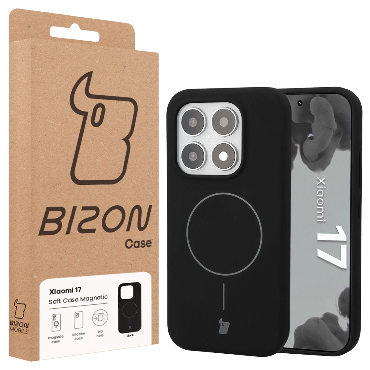 Przód pudełka Bizon Case z dedykowaną etykietą do Xiaomi 17