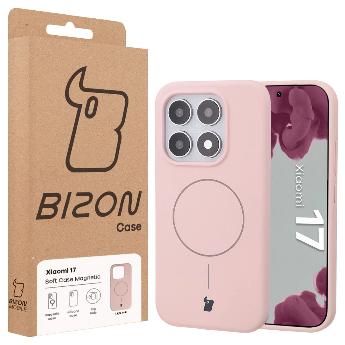 Przód pudełka Bizon Case z dedykowaną etykietą do Xiaomi 17