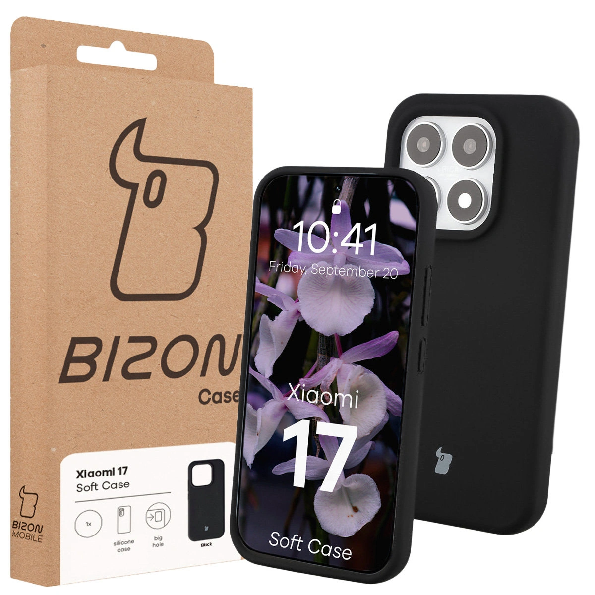 Przód pudełka Bizon Case z dedykowaną etykietą do Xiaomi 17