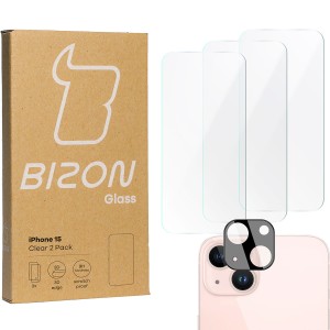 3x Szkło + szybka na aparat BIZON Clear 2 Pack do iPhone 15 