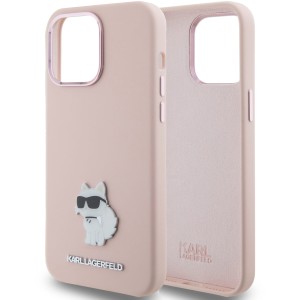 Etui Karl Lagerfeld Silicone Choupette Metal Pin do iPhone 15, różowe