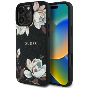 Etui Guess Grained Flower Pattern do MagSafe do iPhone 16 Pro Max, czarne z kwiecistym wzorem