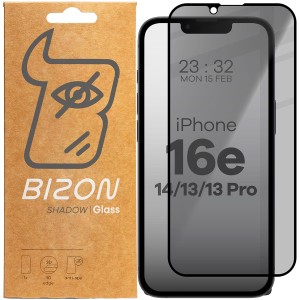 Prywatyzujące szkło hartowane Bizon Glass Edge Shadow do iPhone 16e / 14 / 13 Pro /13, przyciemniane z czarną ramką