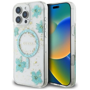 Etui Guess Resin Flowers Glitter MagSafe do iPhone 16 Pro, turkusowe