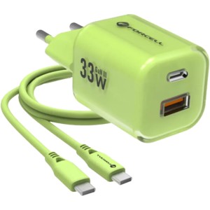Ładowarka sieciowa Forcell Wall Charger 33W, GaN3, USB-C PD, USB-A QC 4.0 + kabel USB-C, jasnozielona