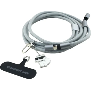 OUTLET: Smyczka na ramię do telefonu z kablem USB-C-USB-C Karl Lagerfeld CBDY Choupette Charm, 150 cm, szary