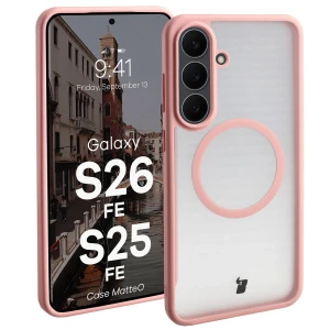 Etui z pierścieniem magnetycznym Bizon Case MatteO do Galaxy S26 FE / S25 FE, przydymione-jasnoróżowe