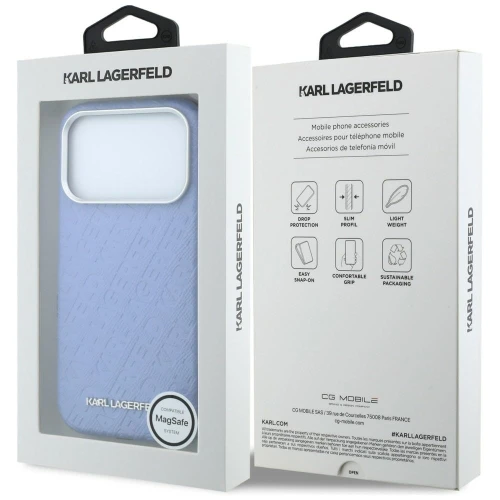 Etui Karl Lagerfeld Grained Allover Logo Metal Elongated do iPhone 18 Pro / 17 Pro do MagSafe, niebieskie