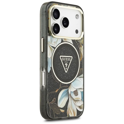 Etui Guess IML Glitter Flowers Triangle do iPhone 18 Pro / 17 Pro do MagSafe, czarne