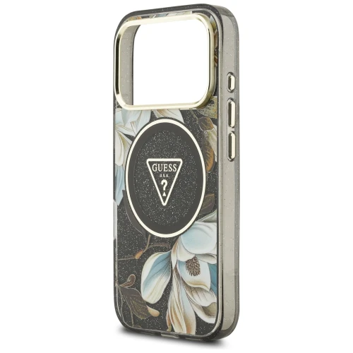 Etui Guess IML Glitter Flowers Triangle do iPhone 18 Pro / 17 Pro do MagSafe, czarne
