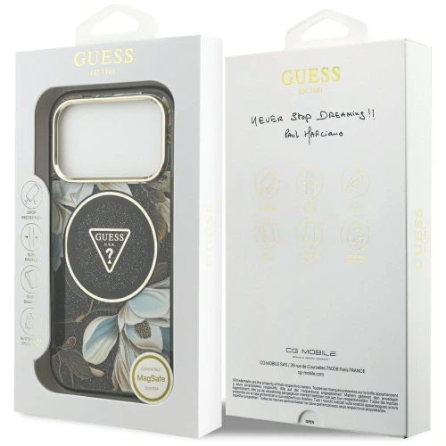 Etui Guess IML Glitter Flowers Triangle do iPhone 18 Pro / 17 Pro do MagSafe, czarne