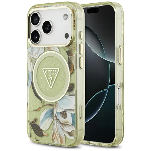 Etui Guess IML Glitter Flowers Triangle do iPhone 18 Pro / 17 Pro do MagSafe, zielone