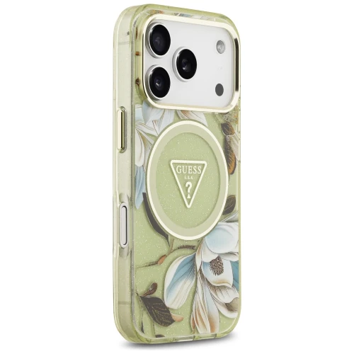 Etui Guess IML Glitter Flowers Triangle do iPhone 18 Pro / 17 Pro do MagSafe, zielone