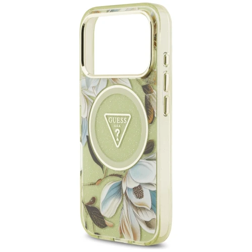 Etui Guess IML Glitter Flowers Triangle do iPhone 18 Pro / 17 Pro do MagSafe, zielone
