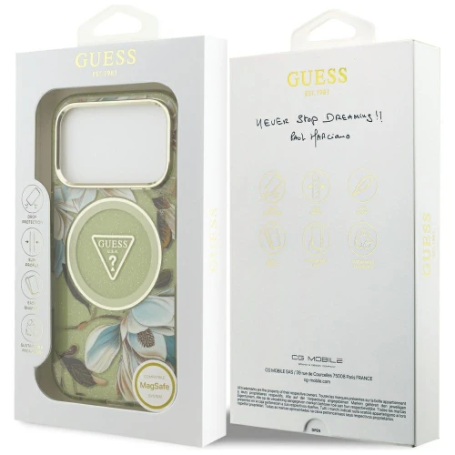 Etui Guess IML Glitter Flowers Triangle do iPhone 18 Pro / 17 Pro do MagSafe, zielone