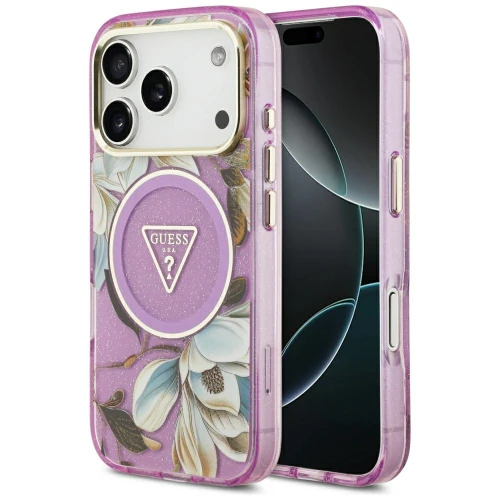 Etui Guess IML Glitter Flowers Triangle do iPhone 18 Pro / 17 Pro do MagSafe, fioletowe