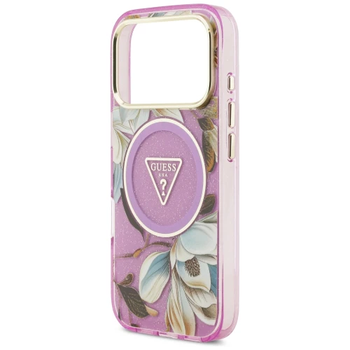 Etui Guess IML Glitter Flowers Triangle do iPhone 18 Pro / 17 Pro do MagSafe, fioletowe