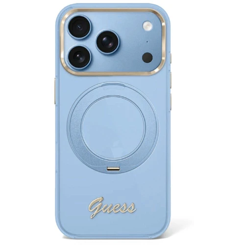 Etui Guess IML Ring Stand 360 Script Metal Logo do iPhone 18 Pro / 17 Pro do MagSafe, niebieskie