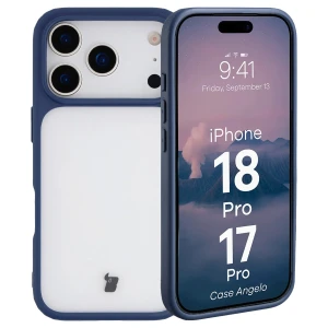 Etui Bizon Case Angelo do iPhone 18 Pro / 17 Pro, półprzezroczyste z granatową ramką