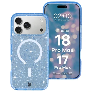 Etui brokatowe z pierścieniem magnetycznym Bizon Case SparklO do iPhone 18 Pro Max / 17 Pro Max, przezroczysto-jasnoniebieskie z brokatem