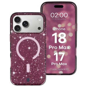 Etui brokatowe z pierścieniem magnetycznym Bizon Case SparklO do iPhone 18 Pro Max / 17 Pro Max, przezroczysto-burgundowe z brokatem