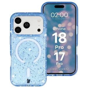 Etui brokatowe z pierścieniem magnetycznym Bizon Case SparklO do iPhone 18 Pro / 17 Pro, przezroczysto-jasnoniebieskie z brokatem