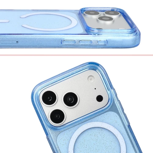 Etui brokatowe z pierścieniem magnetycznym Bizon Case SparklO do iPhone 18 Pro / 17 Pro, przezroczysto-jasnoniebieskie z brokatem (5/6)